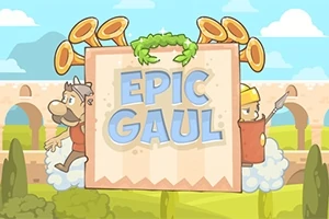 EPIC GAUL이라는 글자가 큰 팻말에 적혀 있고, 양쪽에 캐릭터들이 있는 만화 스타일의 이미지