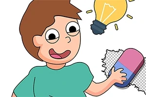 만화 스타일의 아이가 전구와 지우개를 들고 있는 모습