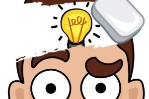 전구 아이디어가 떠오르는 남성 캐릭터의 머리를 지우개로 지우는 모습