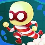 빨간 줄무늬 옷과 마스크를 쓴 캐릭터가 힘차게 달리고 있는 모습