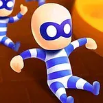 파란 줄무늬 옷을 입고 검은 안대를 쓴 캐릭터들이 미끄럼틀을 내려오는 모습