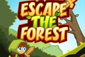 ESCAPE THE FOREST라는 문구와 녹색 후드를 입은 캐릭터가 나무와 숲을 배경으로 서 있는 모습