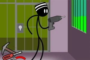 줄무늬 모자를 쓴 스틱맨이 드릴을 들고 감옥 창문을 바라보고 있는 모습