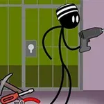 줄무늬 모자를 쓴 스틱맨이 드릴을 들고 감옥 창문을 바라보고 있는 모습