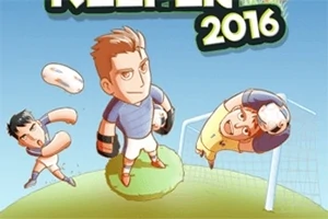 축구 골대를 배경으로 두 명의 만화 스타일 캐릭터가 경기 중인 모습