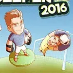 축구 골대를 배경으로 두 명의 만화 스타일 캐릭터가 경기 중인 모습