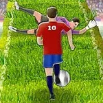 축구장에서 빨간색 유니폼을 입은 선수가 공을 드리블하며 골키퍼를 향해 달려가는 모습