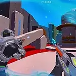 미래적인 장비를 착용한 두 명의 군인이 총을 들고 다채로운 색상의 과학 기술 테마 배경에서 전투 준비를 하고 있는 장면