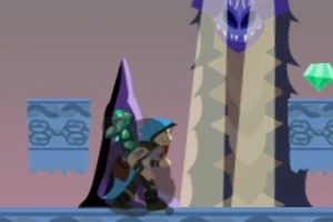 파란색 후드를 쓴 캐릭터가 용의 앞에서 서 있는 장면