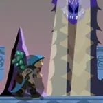 파란색 후드를 쓴 캐릭터가 용의 앞에서 서 있는 장면