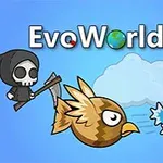 파란 배경에 해골 캐릭터가 낫을 들고 있고, 갈색과 파란색 새가 날아가며 거미줄에 벌이 매달려 있음