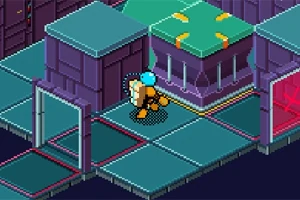 ⓘ 우주 헬멧을 쓴 캐릭터가 미래적인 실내 환경의 타일 바닥을 따라 걷고 있습니다