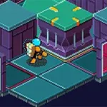 ⓘ 우주 헬멧을 쓴 캐릭터가 미래적인 실내 환경의 타일 바닥을 따라 걷고 있습니다