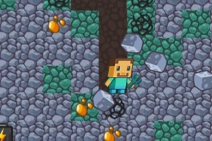 픽셀 아트 스타일의 캐릭터가 돌과 황금 광석이 있는 지하 동굴에서 채굴 도구를 들고 있는 모습