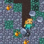 픽셀 아트 스타일의 캐릭터가 돌과 황금 광석이 있는 지하 동굴에서 채굴 도구를 들고 있는 모습