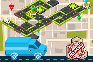 파란색 트럭이 도로 위에 있고, 지도 위에는 검은색과 녹색 패턴의 경로가 있는 이미지