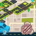 파란색 트럭이 도로 위에 있고, 지도 위에는 검은색과 녹색 패턴의 경로가 있는 이미지