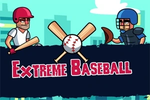 두 명의 만화 스타일 캐릭터가 도시 배경 앞에서 각각 야구 방망이와 포수 장비를 착용하고 대치하고 있는 모습