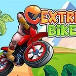 오렌지 헬멧을 쓴 라이더가 빨간 오토바이를 타고 점프하는 모습과 EXTREME BIKERS라는 텍스트가 있는 이미지