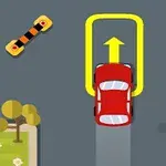 빨간 자동차가 회전 신호와 노란 화살표가 있는 도로 위에 있으며 주변에 나무가 그려져 있습니다