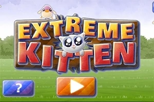 EXTREME KITTEN이라는 글자와 큰 눈을 가진 귀여운 고양이 캐릭터가 중앙에 있고, 위쪽에 작은 새가 있으며 아래쪽에 물음표와 재생 버튼 아이콘이 있는 이미지