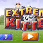 EXTREME KITTEN이라는 글자와 큰 눈을 가진 귀여운 고양이 캐릭터가 중앙에 있고, 위쪽에 작은 새가 있으며 아래쪽에 물음표와 재생 버튼 아이콘이 있는 이미지