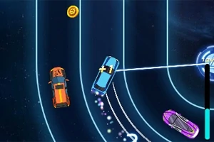 화면에는 여러 색상의 자동차들이 트랙을 달리는 모습과 코인, 레이싱 선이 그려져 있다