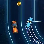 화면에는 여러 색상의 자동차들이 트랙을 달리는 모습과 코인, 레이싱 선이 그려져 있다