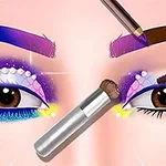 화려한 아이섀도우와 화장 도구로 메이크업을 하고 있는 눈