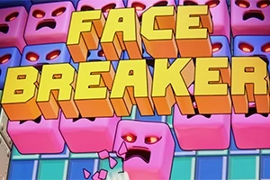 FACE BREAKER라는 큰 글자가 분홍색 표정이 있는 블록들 위에 배치된 이미지