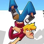 금발의 만화 캐릭터가 바닥에 뒤집혀 있는 모습과 체커보드 패턴의 선이 보입니다