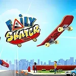 애니메이션 스타일의 남자가 스케이트보드와 함께 공중에 떠 있는 모습과 도시 배경