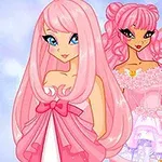 두 명의 인형 같은 소녀가 분홍색 드레스를 입고 있으며, 하나는 날개가 달려 있다