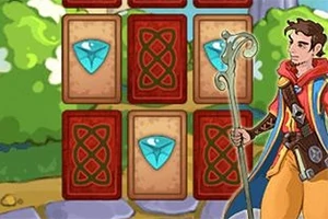 마법 지팡이를 든 남성이 카드 무늬가 있는 화면 앞에 서 있는 장면