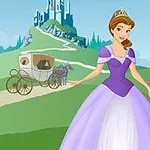 드레스를 입은 공주가 성과 마차를 배경으로 서 있는 모습