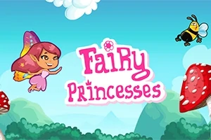 배경에는 구름과 산이 있는 푸른 하늘 아래에서 날아다니는 요정과 벌이 있으며, 빨간 버섯이 주변에 있습니다