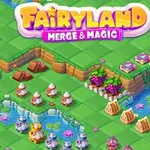 초원 위에 꽃, 마법의 솥, 작은 캐릭터들이 있는 판타지 테마의 일러스트