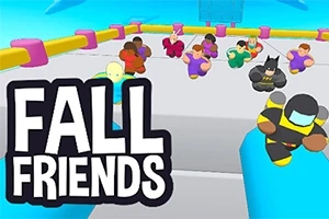 다양한 색상의 캐릭터들이 플랫폼 위에서 달리고 있으며, 왼쪽에는 FALL FRIENDS라는 텍스트가 있다