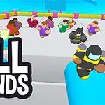 다양한 색상의 캐릭터들이 플랫폼 위에서 달리고 있으며, 왼쪽에는 FALL FRIENDS라는 텍스트가 있다