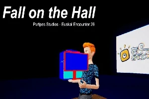 한 남자가 큐브 모양의 물체를 들고 있는 모습, 좌측 상단에는 Fall on the Hall이라는 문구가 있다