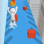 도시 속 복도를 달리는 하얀 스틱맨의 위에서 본 모습, 붉은 큐브 장애물과 왕관이 보임