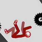 회색 배경에 빨간색 사람 모양의 도형이 톱니바퀴와 가시에 둘러싸여 있는 모습