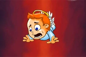 날개와 후광이 있는 어린 소년이 놀란 표정으로 공중에 떠 있는 모습