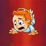 날개와 후광이 있는 어린 소년이 놀란 표정으로 공중에 떠 있는 모습