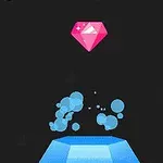 핑크색 보석이 어두운 배경 위에 떠있고 그 아래에는 파란색 플랫폼과 여러 개의 파란 구체들이 흩어져 있다