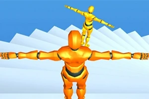 두 개의 주황색 인형이 하얀 계단 위에 서서 양팔을 벌리고 있는 모습