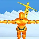 두 개의 주황색 인형이 하얀 계단 위에 서서 양팔을 벌리고 있는 모습