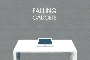 회색 배경 앞에 하얀 테이블 위에 놓인 태블릿 기기