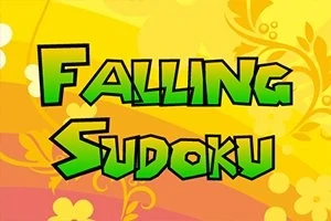 노란색과 주황색 배경에 녹색 텍스트 Falling Sudoku가 있는 화려한 그래픽
