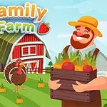 농부가 채소 상자를 들고 웃고 있으며, 뒤에는 빨간 헛간과 칠면조가 있는 농장의 풍경이 보입니다